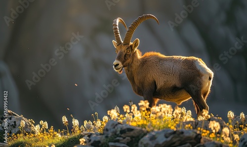 Alpine ibex (Capra ibex), standing in wild flowers and mountains on the background. banner.