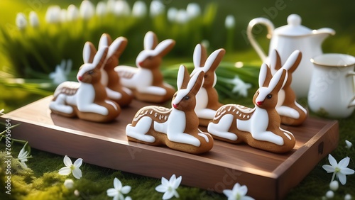 Easter gingerbread cookies in the shape of rabbits on a wooden tray among primroses
