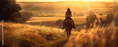 woman quick riding horse in evening landscape on a autumn farm