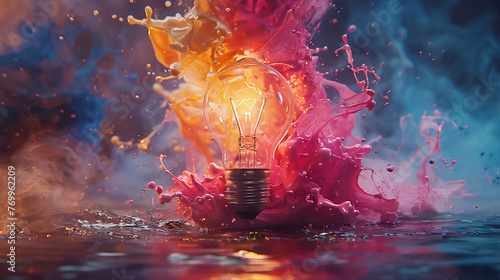 Lightbulb eureka moment depicted with impactful paint explosion symbolizes burst of creativity, fusion of thought, artistic expression