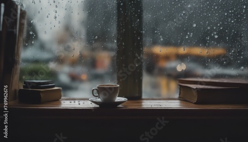 Rain falling on the glass window sill, flowing raindrops, comfortable rain sound ASMR, and a cozy caffe