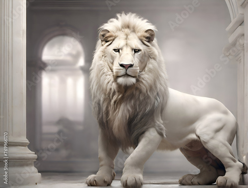 conceptual design for branding or decoration. white lion against nobal beige architecture background. Digital art work. Ai generated