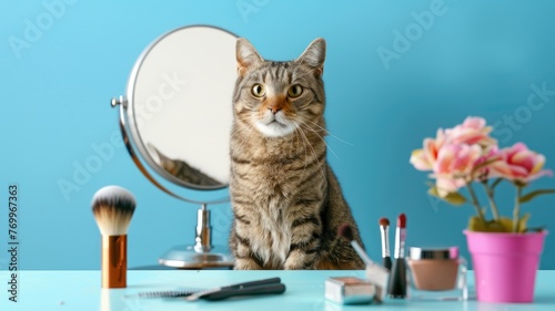 Tabby cat sits by mirror and cosmetics - A domestic tabby cat sitting attentively next to a makeup mirror surrounded by various cosmetic products