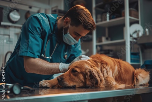 A veterinarian gives an injection to a golden retriever. Doctor doing examination of dog on operating table in clinic