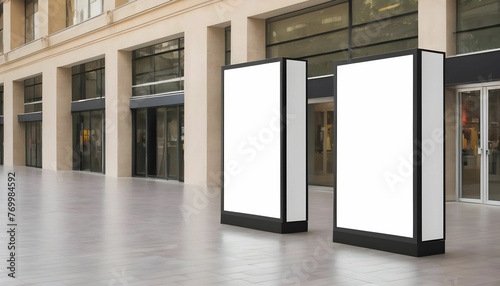Empty white digital mall kiosk billboard, blank light box advertisement in shopping area for mockup, design, display, marketing created with generative ai