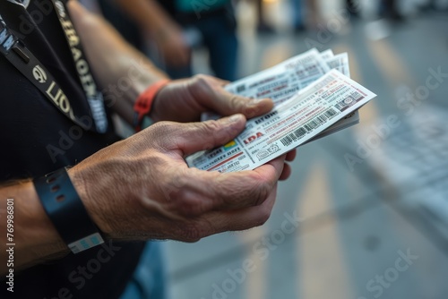 An overhead shot of a mans hand holding a bunch of concert tickets
