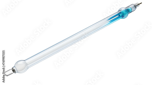A glass tube holds a vibrant blue liquid, shimmering in the light