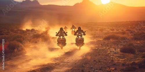 Motorcycle riders cruising down a dirt road at sunset in a scenic outdoor setting. Concept Motorcycle Riding, Sunset Scenery, Dirt Road Adventure