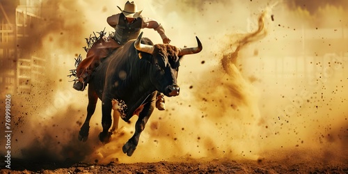 Bull rider gripping tightly as bull bucks in rodeo arena capturing the exhilarating energy of Western lifestyle. Concept Rodeo Events, Bull Riding, Western Lifestyle, Exhilarating Energy, Rodeo Arena