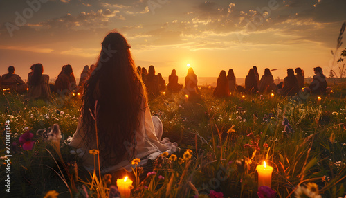 Spiritual solstice ritual celebrated at dawn in the midsummer, depicting a spiritual ceremony filled with ancient traditions and mysticism.