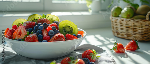 A bowl of fresh, colorful fruits like strawberries, blueberries, and kiwi, arranged on a white table with a wicker basket beside it Sunlight streams through a window, creating a na