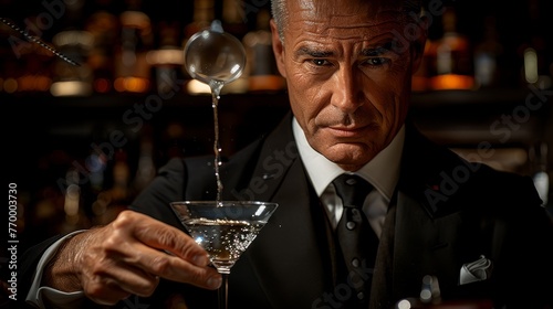  A man in a suit and tie holds a martini glass in front of his face, with a spoon sticking out of it