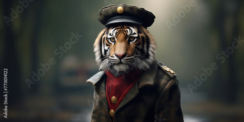 Majestic Tiger General Stands Proud Amidst a Rainy Forest Banner