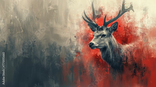 A deer with antlers is standing in front of a red background