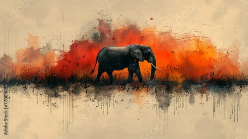 A black elephant walking through a field of red and orange paint