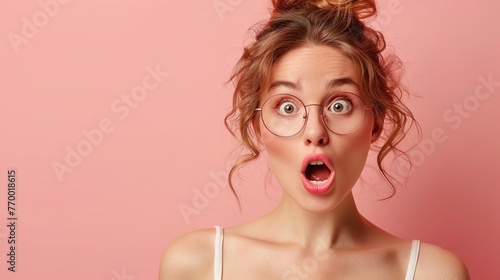 woman are shocked, happy, and surprised. Beautiful super sale background image isolated on light pink background