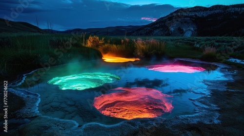 A series of natural hot springs that glow with different colors at night