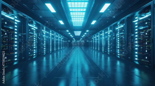 A server room with rows of computers and blinking lights
