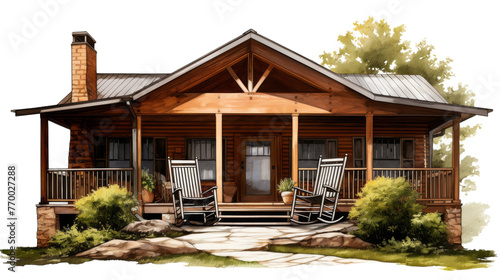 A serene scene of a hand-drawn log cabin surrounded by rocking chairs on a front porch