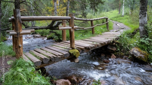 A rustic wooden bridge over a babbling brook