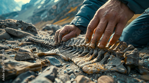 A scientist examines the bones of a dinosaur. The concept of paleontology. Mountains background