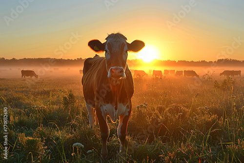Panorama of grazing cows in a meadow with grass. Sunrise in a morning fog. Livestock grazing, cows in field. Agriculture industry, farming and animal husbandry concept