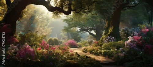 A serene path meanders through a lush forest filled with towering trees, colorful flowers, and vibrant terrestrial plants, creating a natural landscape of beauty and tranquility