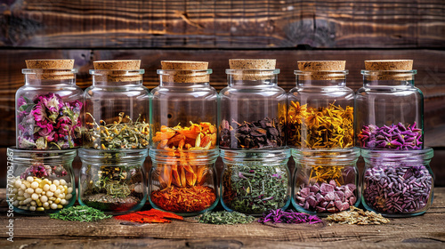 Assortment of Herbal Remedy Ingredients in Glass Jars