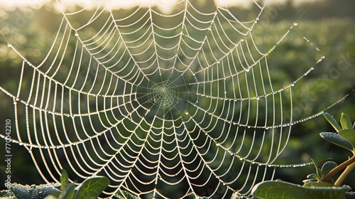 A close-up of a dew-covered spider web in the early morning light, with each dewdrop reflecting the world around it.