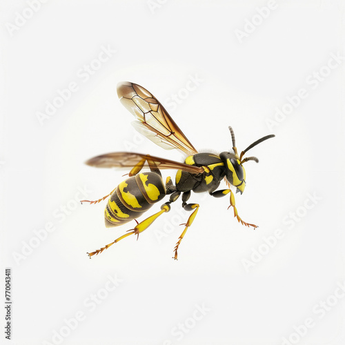Yellow And Black Wasp Flying, Isolated On A White Background, Brown Wings Flapping, Motion