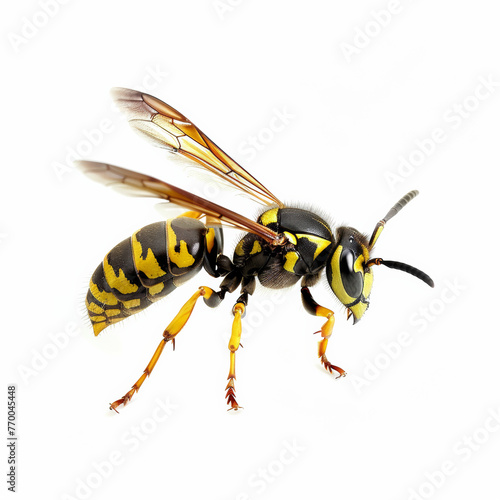 Macro Photo Of A Yellow Wasp Preparing To Fly On A White Background, Yellow And Black Stains On Its Body, Brown Wings, Motion