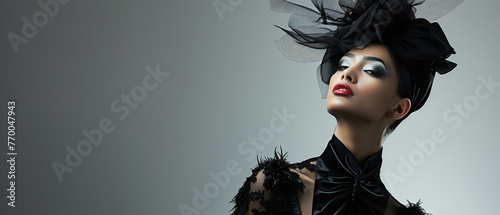 Woman in black dress and hat, elegance, fashion model