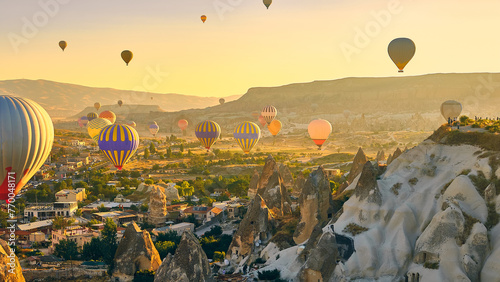 Colorful hot air balloons. Sunrise at Cappadocia. Bright colorful ballons flying during sunrise in valley. Goreme, Nevsehir, Cappadocia
