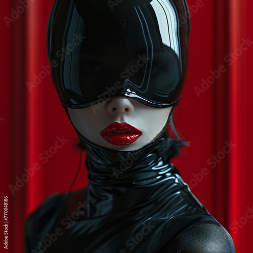 futuristic woman dressed in dark latex with black eye mask