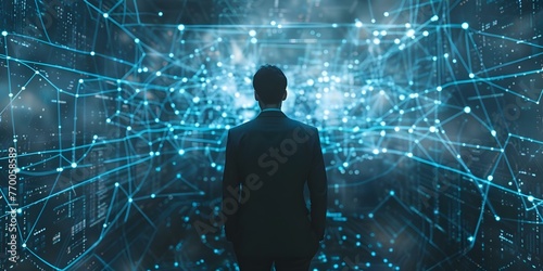A businessman uses digital technology and big data analytics on a global network map for business innovation. Concept Business Innovation, Digital Technology, Big Data Analytics, Global Network