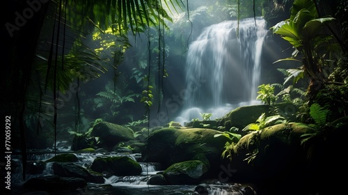 Panoramic view of a waterfall in the jungle of Bali, Indonesia