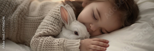 A serene moment captures a young girl in a warm sweater cuddling her plush rabbit as she sleeps peacefully in a softly lit bedroom
