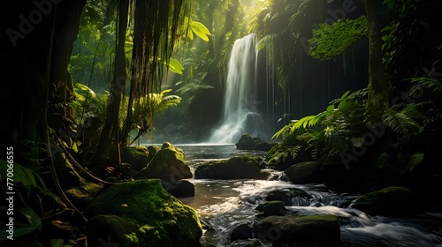 Panoramic view of beautiful waterfall in deep rainforest, Bali, Indonesia