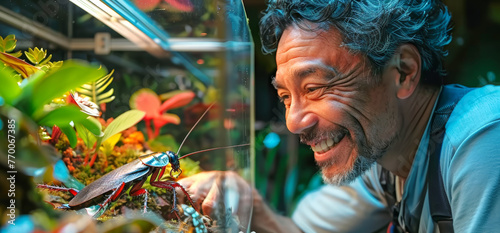 Cockroach enthusiast observing his pet in a terrarium. A joyful man engaged with an exotic insect. Concept of unusual hobbies, pet insects, and entomology passion.