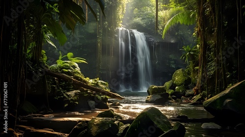Panorama of a waterfall in the rainforest of Bali, Indonesia