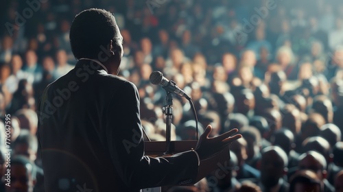 Speaker at a podium addressing a multicultural audience. African American orator delivering a lecture. Concept of presentation, communication, seminar, and multiculturalism. Copy space