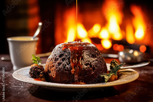 A plate of dessert with a drizzle of syrup on top. The plate is set on a table next to a fireplace