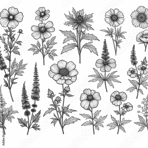 collection of wild flowers, wild flowers on a light background 