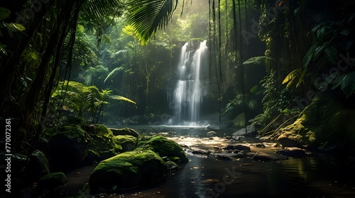 Panoramic view of a waterfall in the rainforest of Bali, Indonesia