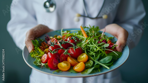 Close shot of a doctor holding a plate with healthy food