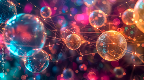Abstract network globes with colorful bokeh background