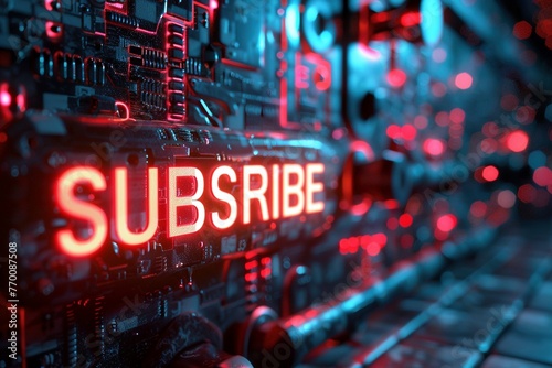 Minimalist, futuristic business banner with a single, illuminated "SUBSCRIBE" button against a starry nightscape, ideal for highlighting a premium membership or exclusive access