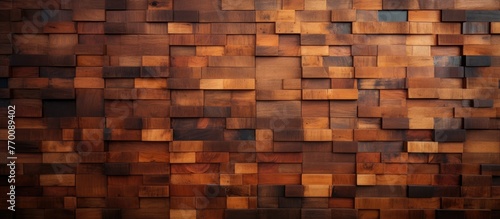 A detailed closeup of a brown hardwood wall consisting of rectangular wooden squares. The intricate pattern resembles brickwork with a wood stain finish