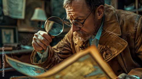 Antiquarian inspecting old map with magnifying glass
