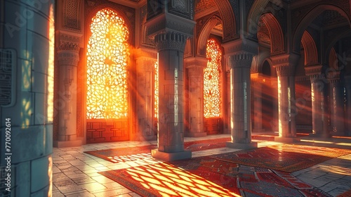 interior of a mosque, middle eastern, morocco building interior background, 3d render, 3d illustration